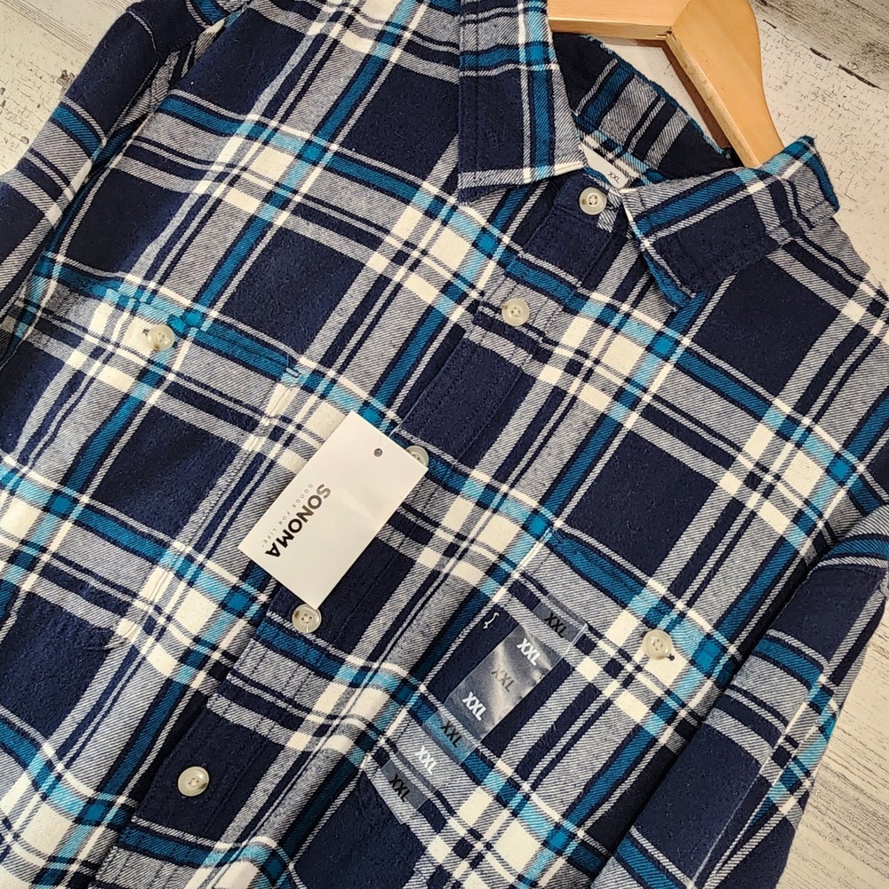 Sonoma Flannel Shirt Mens XXL Navy Blue Plaid Long Sleeve Super Soft NWT